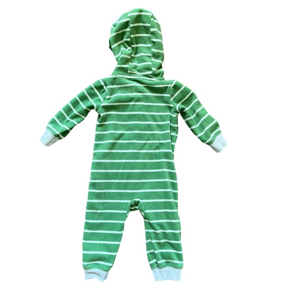 Carter's Green and White Striped Fleece Hooded Full Zip Jumpsuit, Size 9 Months - Picture 3 of 3